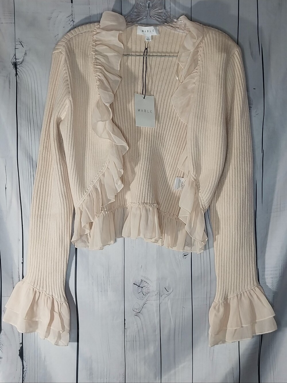 MABLE Cream Ribbed Ruffle-Trim Fairycore Soft Girl Dollette Cardigan NWT